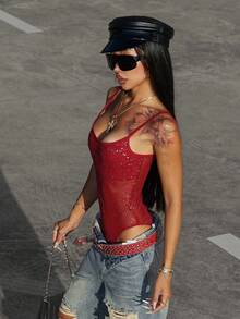 Rina Fox Women's Glitter Spaghetti Strap Bodysuit - Burgundy - View 3