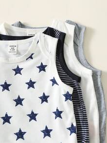 SHEIN 4件套新生儿男女通用服装，可爱夏季针织休闲条纹纯色印花连体衣，基础款多件装 - 彩色 - 查看 4