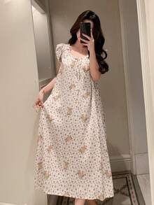 DAZY 花卉泰迪熊印花荷叶边宽松女士睡裙 - 白色 - 查看 5