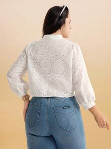 Momelise Plus Size Women's White Autumn Elegant Party Shirt,Hollow Lace Eyelet Blouse With Tie Front Twisted Hem, Boat Neck For Work&Daily Commuting - White - View 3