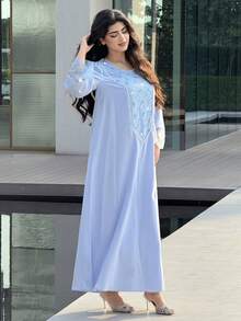 Yasmyna 女士优雅亮片网纱拼接串珠装饰阿拉伯风格连衣裙 - 淺藍色 - 查看 6