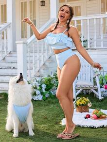 Swim Mod Conjunto de Maiô Plus Size com Alça Removível, Tecido Texturizado Azul Listrado Casual e Doce, Novidade 2026 - Azul e Branco - Visão 5