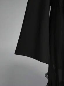 ROMWE Goth 大码哥特暗黑风喇叭袖荷叶边长袖优雅复古长款女式衬衫外套，秋冬大码复古优雅长款女式夹克衬衫 - 黑色 - 查看 4