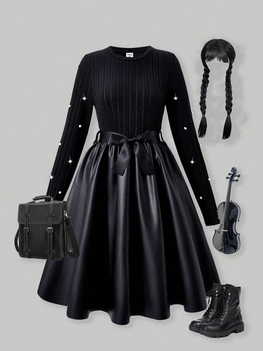 SHEIN ChillGRL MODELY Tween Girl 女童针织拉绒罗纹拼布 PU 皮革下摆连衣裙,串珠袖子和腰带装饰,甜美淑女风格,适合春秋季休闲、派对、度假 - 黑色 - 查看 1