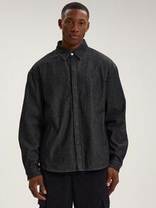 Musero Pinstripe Collared Long Sleeve Button Through Denim Jacket Shacket Style Jean Fabric Top Spring Summer - Black and White - View 1