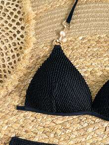 SHEIN 少女提花针织泳衣套装 - 黑色 - 查看 4