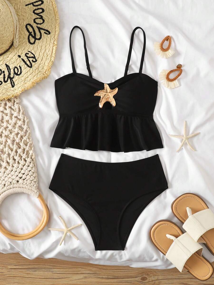 SHEIN Tween Girl Metallic Decor Tankini Swimsuit Set - Black - View 1