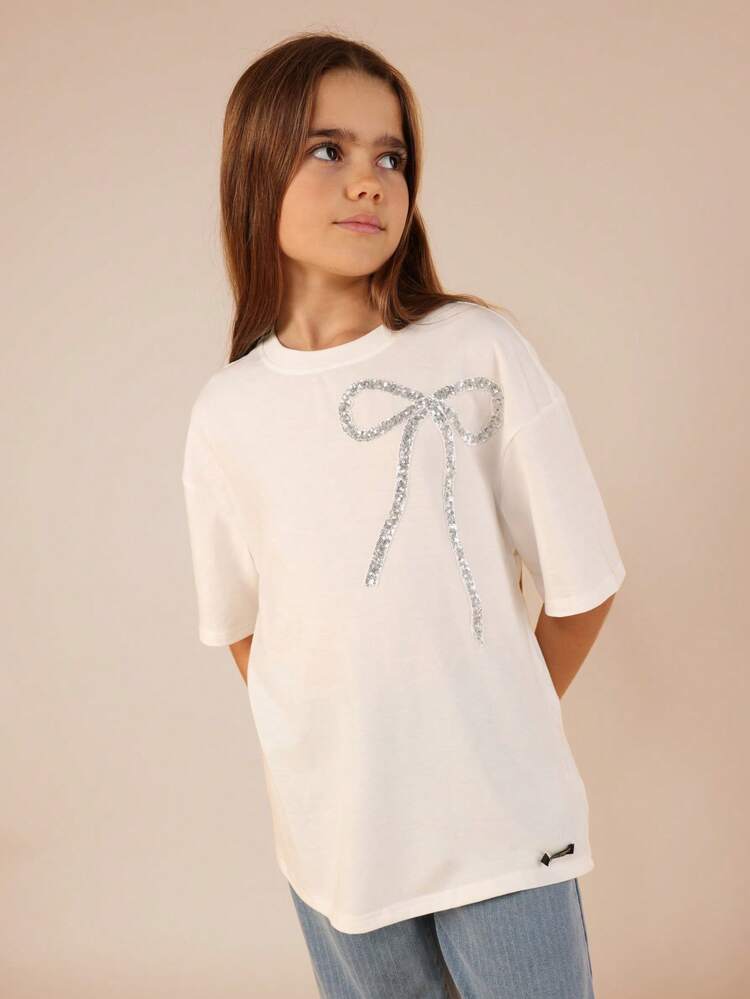 Oversized Sequin Bow Short Sleeve Tee