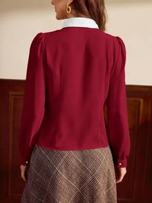 Vintamour 复古优雅女士撞色滚边蝴蝶结荷叶边纽扣休闲衬衫，适合工作、度假、秋季、冬季、圣诞节等各种场合的优雅衬衫 - 酒紅色 - 查看 6