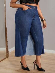 Slaydiva 大码高腰不对称紧身牛仔裤 - 藍色 - 查看 5