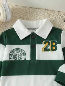 SHEIN Playful Pals 2pcs Baby Boy Casual Sports Collegiate Striped Polo Shirt And Blue Denim Jeans Set, With Badge And Numeral Print, Suitable For Layering With Jacket, Sports, School, Holiday, Travel, Winter Boys Outfit Sets 2 Years Old 24 Months Boy Set Baby Boy Clothes Long Sleeve Baby Boy Casual Set - Green - View 5