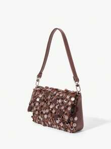 Maija Ladies, Women Shoulder Bag, Hobo Bag, Evening Bags, Brown, Sequins, Beads, Splicing Faux Leather, Fashionable, Luxury, Elegant , Simple, Personalized, Versatile, Classic, For Cocktail Party, Party, Prom, Club, Date, Birthday, Evening, Date Nigh, Banquet - Coffee - View 2