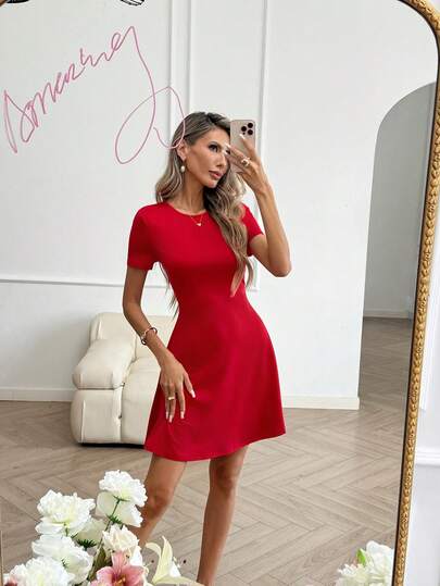 Easowa Röd A-linjeformad miniklänning, kortärmad, lämplig för alla hjärtans dag, kinesiskt nyår, brunch med vänner, moderiktig pendling, vår/sommar
