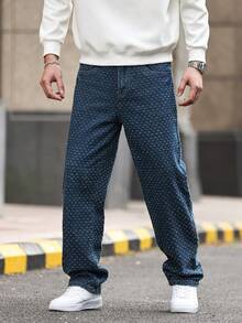 Manfinity Homme 男士休闲日常纹理斜插口袋直筒牛仔裤 男士蓝色图案牛仔裤 - 藍色 - 查看 6