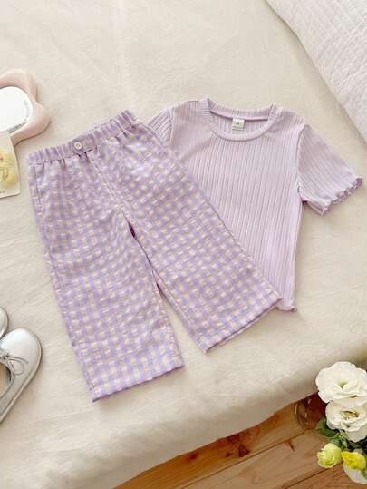 Vintaside Kids Multicolor Plaid Long Pants For Baby Girls Comfortable Cotton Blends Everyday Casual Wear Babygirl Outfits Pants Violet Light Purple Outfits For Babies Purple Baby Summer Outfit