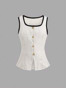 SHEIN Tween Girl Framed Collar Single-Breasted Vest And Wide-Leg Pants Casual Suit - Apricot - View 6