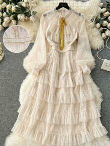 Franclia Ivory Polka Dot Mesh Tie-Up Multi-Layer Ruffle Hem Maxi Skirt - Beige - View 1