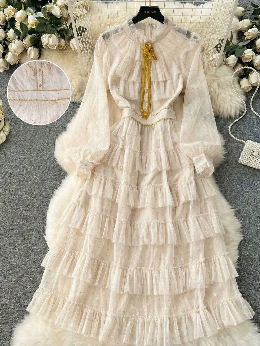 Franclia Ivory Polka Dot Mesh Tie-Up Multi-Layer Ruffle Hem Maxi Skirt - Beige - View 1