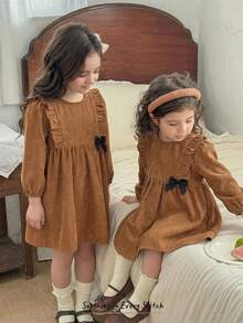 Cozy Pixies Baby Girl Textured Bow Decor Round Neck Long Sleeve Waist Cinched Dress - Brown - View 8