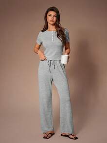 SHEIN European & American Style Fitted Short Sleeve Button-Up Top And Pants Casual Pajama Set - Grey - View 6