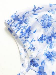 Girlism Đầm midi dáng chữ A tay phồng, nhún bèo ngực eo, họa tiết hoa màu xanh dương dành cho thiếu nữ, kiểu dáng thanh lịch, sang trọng, thích hợp cho kỳ nghỉ, ngày lễ tình nhân và các dịp lễ khác. - Xanh và trắng - Xem 6