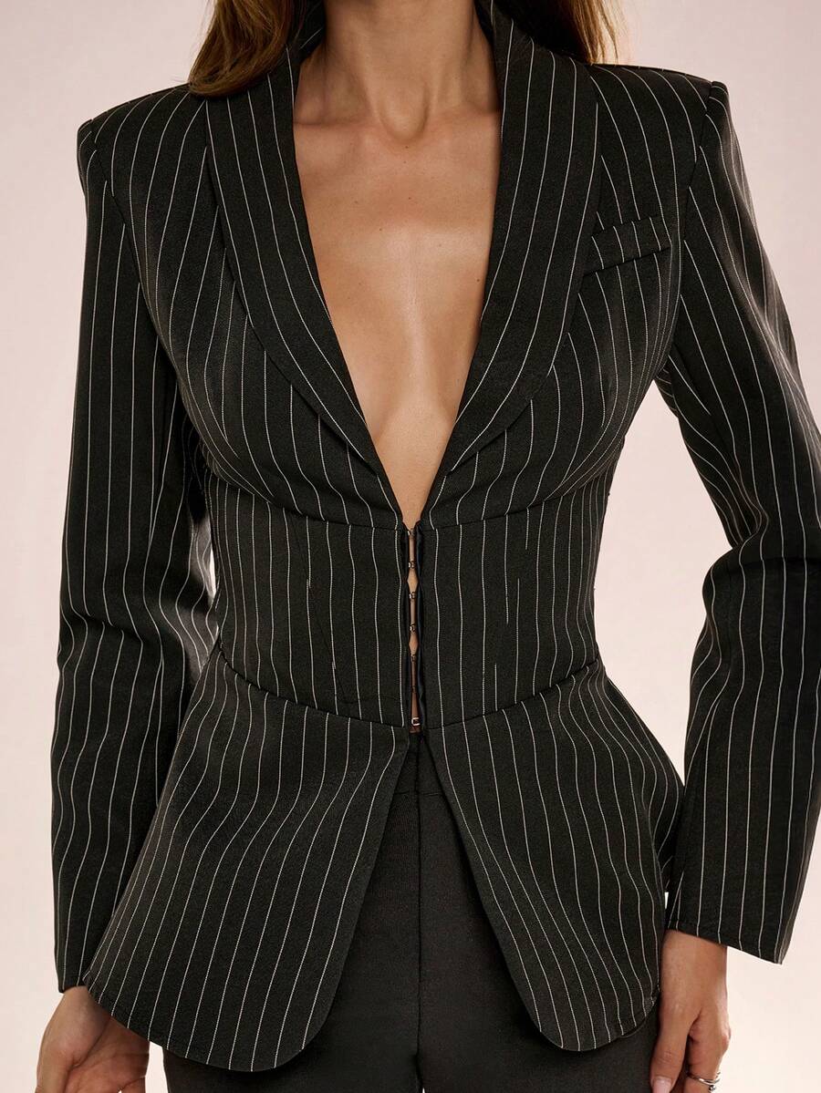 Avenya Women's Striped Backless Tie-Up Waist Jacket - Black - View 1