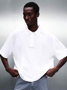 SUMWON Regular Fit Collared Polo Shirt With Angel Number Print Short Sleeve Casual Button Placket Top For Valentine's Day - White - View 2