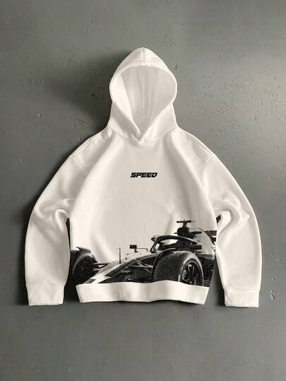 StoneGrade F1赛车剪影印花宽松套头连帽衫，约会聚会必备，适合送给男朋友