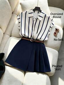 Franclia White And Blue Striped Short-Sleeved Shirt Paired With An Irregularly Pleated Navy Blue Women's Skirt Creates An Elegant Two-Piece Set Suitable For Everyday Wear, Commuting, Business Dates, And More. It Has A Preppy Style And Is Suitable From Spring To Summer, As Well As For Valentine's Day, Carnival Occasions, And Other Elegant And Casual Women's Outfits.Graduation Season Attire, Fashionable Casual Commuter Wear, Business Office Wear, Versatile And Stylish Everyday Casual Wear, Urban Teacher's Professional Attire - Multicolor - View 1