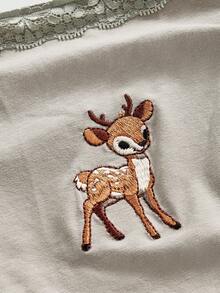 ROMWE J-Fashion Cute Deer Embroidered Lace Blouse Paired With Deer All-Over Print Flare Pants - Grey - View 3