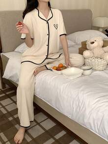 青少年女孩愛心圖案短袖單排扣上衣與長褲家居服套裝 - 杏色 - 查看 4