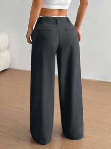 SHEIN Unity 2026 复古新款百搭通勤商务女式垂褶直筒裤，腰部拼接高端设计修身灰蓝色长裤 - Iron Gray - 查看 2