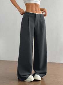 SHEIN Unity 2026 复古新款百搭通勤商务女式垂褶直筒裤，腰部拼接高端设计修身灰蓝色长裤 - Iron Gray - 查看 3