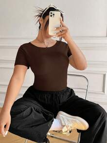 SHEIN EZwear Plus Size Brown Ruched Waist Elastic T-Shirt - Brown - View 10