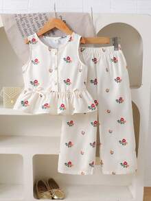 Young Girl Casual Cute Ditsy Floral Sleeveless Top + Elastic Waist Loose Pants Set, Spring/Summer