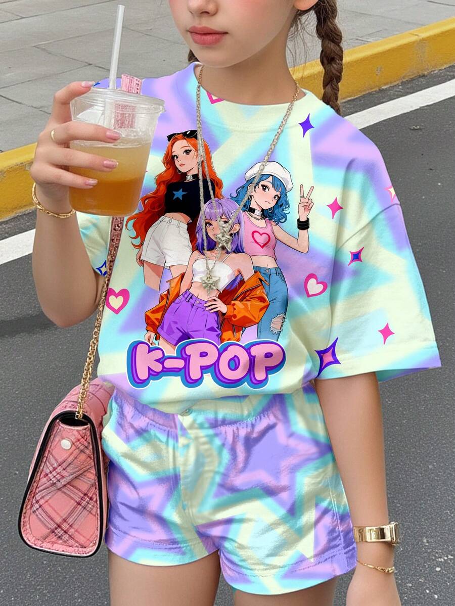 扎染彩色K-POP卡通女孩肖像,少女休闲简约舒适圆领短袖T恤短裤两件套,适合春夏日常穿着、运动、外出、街头时尚动漫T恤K-POP T恤可爱装扮E-girl服装动漫上衣 - 彩色 - 查看 1