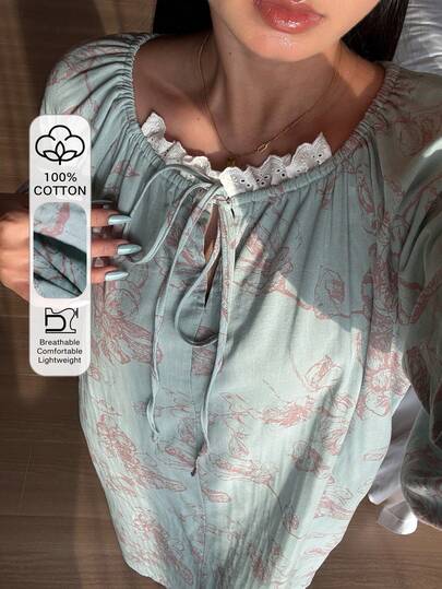 DAZY Floral Print Tie-Waist Loose 3/4 Sleeve Women Nightgown