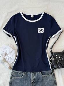 少女海军蓝白撞色滚边数字印花休闲街头风短袖T恤 - 寶藍色 - 查看 3