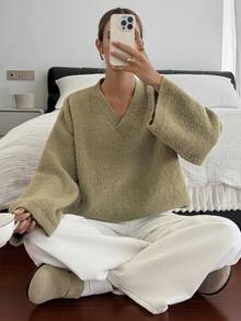 Livesso Damen Loose Fit V-Ausschnitt Strickpullover, Business Lässig, modischer Street-Style, Unifarbe, geeignet für Herbst/Winter, Neujahr, Weihnachten - Braun - Übersicht 7