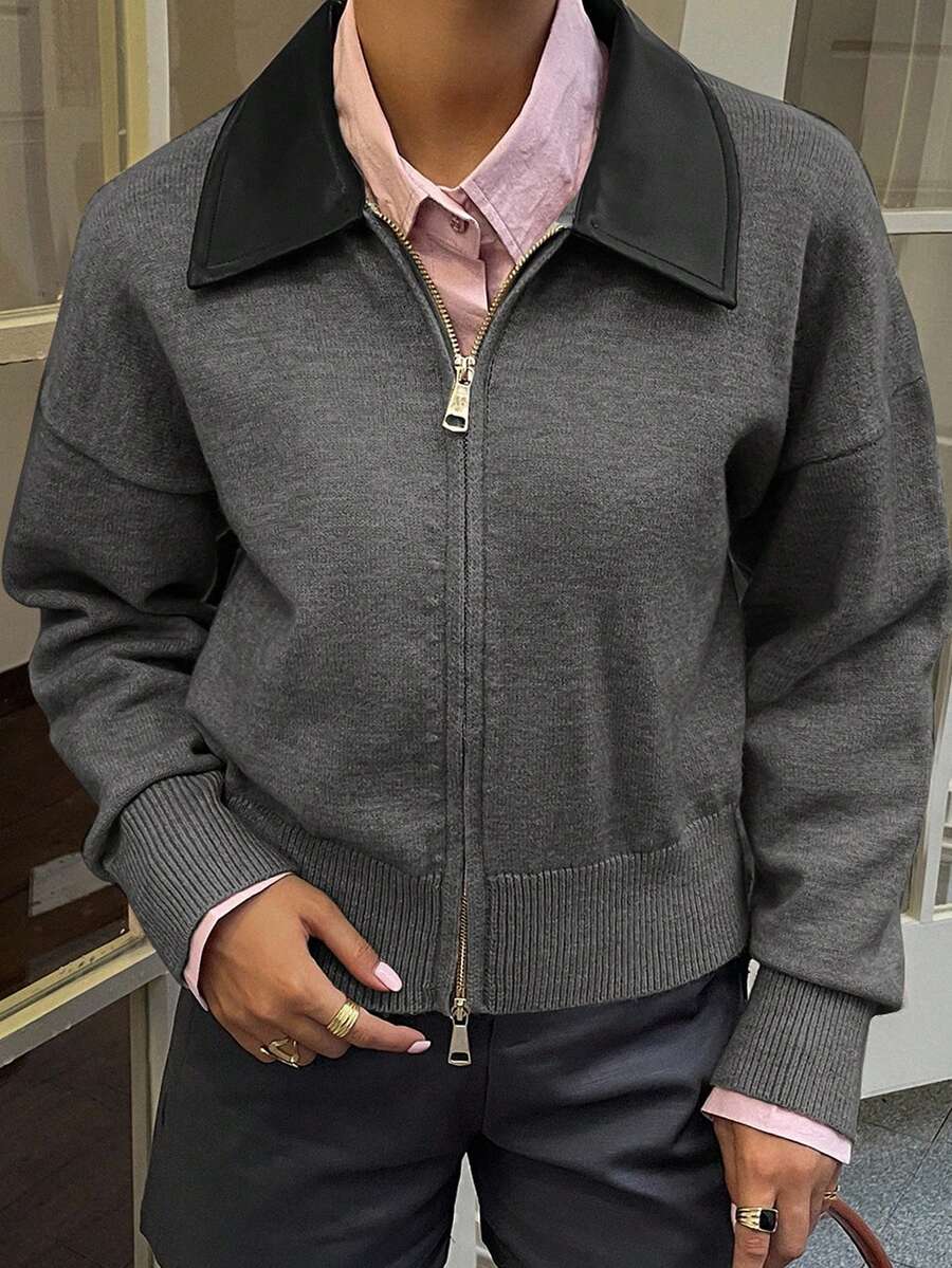 DAZY 女士休闲PU皮革拼接拉链开衫毛衣，秋冬款 - 深灰色 - 查看 1