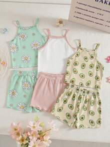 SHEIN Playful Pals 3 件套女婴休闲夏季套装，雏菊花卉牛油果水果印花，纯色绿色、粉色、米色罗纹质感无袖吊带背心和短裤套装，柔软弹力面料，适合女婴沙滩度假穿着，幼儿夏季套装，女童背心短裤套装，小女孩夏季套装，女婴短裤套装 - 彩色 - 查看 10