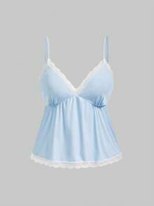 ROMWE Kawaii Plus Size Sweet & Cute Doll Style Ribbed & Lace Camisole & Shorts Pajama Set