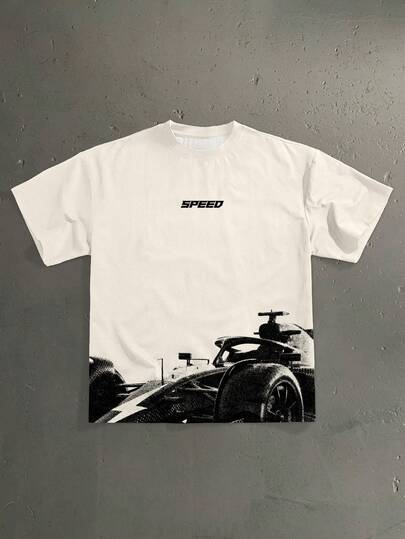 StoneGrade Camiseta de manga corta con estampado casual de silueta de coche de carreras F1 de corte holgado para hombre, esencial para citas y reuniones, regalo de pareja de moda para el novio