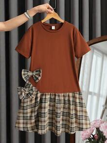 SHEIN Tween Girl Loose Casual Minimalist Comfortable Round Neck Pullover Solid Color Patchwork Plaid Dress Tween Girl - Multicolor - View 1