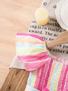 SHEIN Newborn Baby Girl Vacation Casual Pink Striped Short Sleeve Romper With Belt - Multicolor - View 7