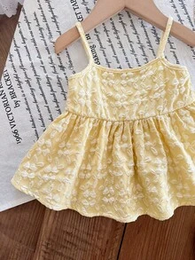 SHEIN LMoss Kids 女婴纯色黄色优雅可爱编织吊带背心 - 黃色 - 查看 5