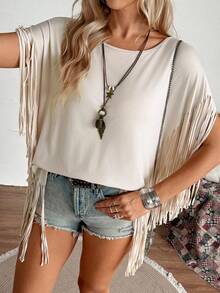 LanaWest Áo thun ngắn tay nữ màu trơn có tua rua, kiểu dáng thường ngày, thích hợp cho kỳ nghỉ hè. - Màu be - Xem 1