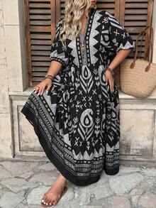 Ceyna Plus Size Black Boho Random Print A Line Long Dress For Women Notched Neck Three Quarter Puff Sleeve Flared Ruffle Hem Woven Fabric Bohemian Style - Black - View 6