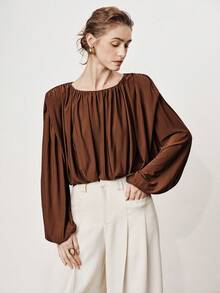 SHEIN Stylify Women's Coffee Brown Elegant Long Sleeve Blouse,Autumn Office Business Casual Ruched Round Neck Shirt,French Vintage Elastic Lined Versatile Top - Brown - View 1