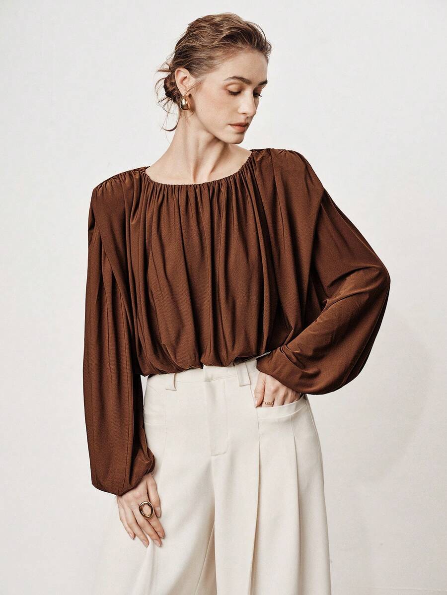 SHEIN Stylify Women's Coffee Brown Elegant Long Sleeve Blouse,Autumn Office Business Casual Ruched Round Neck Shirt,French Vintage Elastic Lined Versatile Top - Brown - View 1